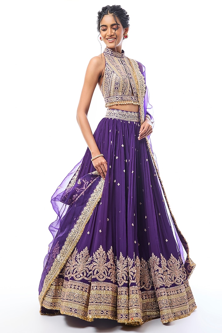 Purple Georgette Motif Embellished Wedding Lehenga Set by GOPI VAID at Pernia's Pop Up Shop