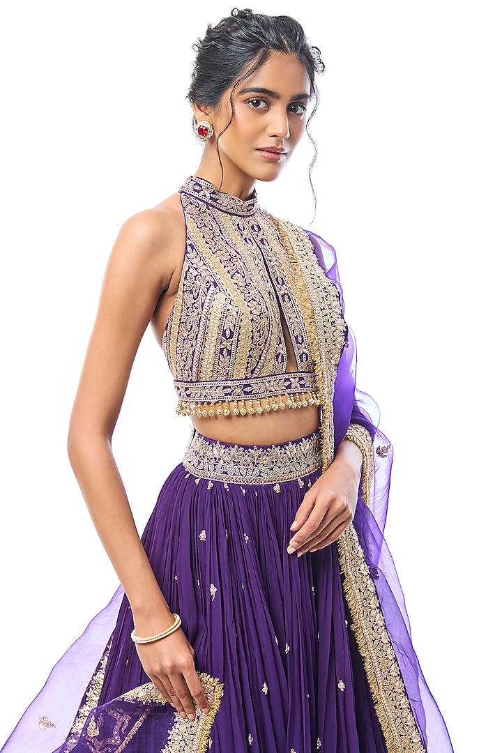 Purple Georgette Motif Embellished Wedding Lehenga Set by GOPI VAID at Pernia's Pop Up Shop