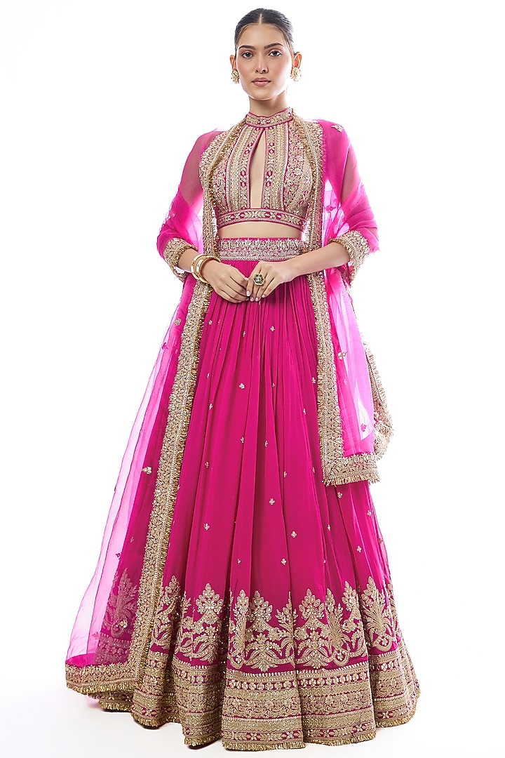 Pink Georgette Embroidered Wedding Lehenga Set by GOPI VAID at Pernia's Pop Up Shop