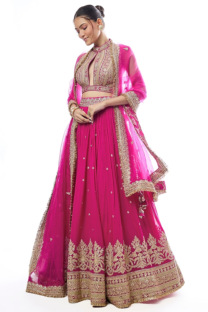 Pink Georgette Embroidered Wedding Lehenga Set by GOPI VAID at Pernia's Pop Up Shop