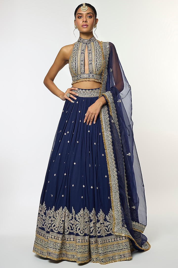 Blue Georgette Motif Embellished Wedding Lehenga Set by GOPI VAID at Pernia's Pop Up Shop