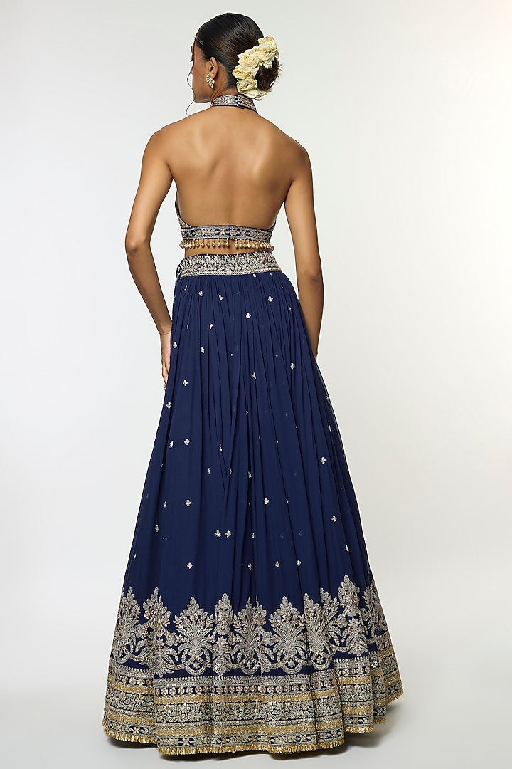 Blue Georgette Motif Embellished Wedding Lehenga Set by GOPI VAID at Pernia's Pop Up Shop