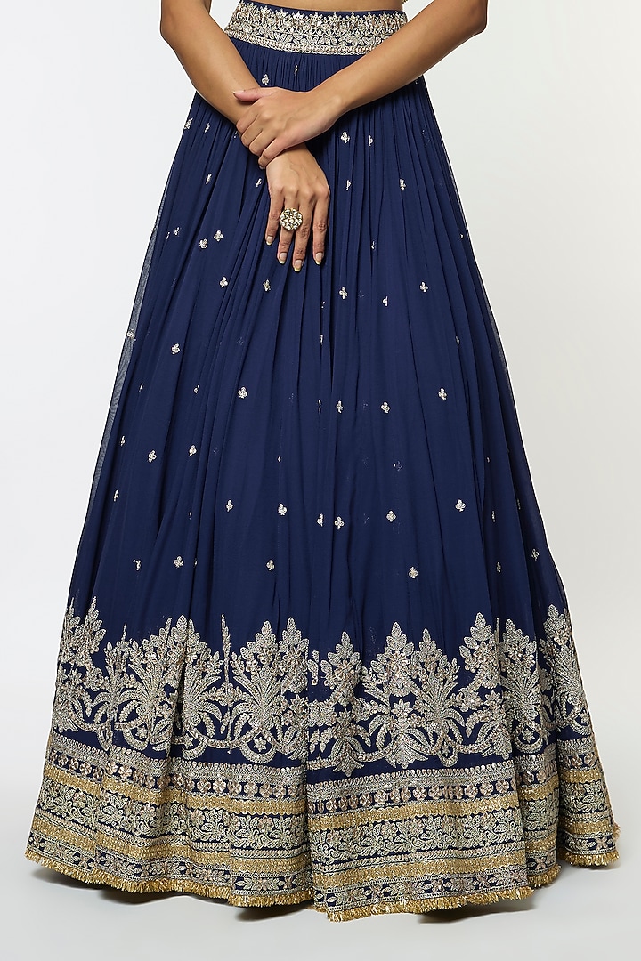 Blue Georgette Motif Embellished Wedding Lehenga Set by GOPI VAID at Pernia's Pop Up Shop