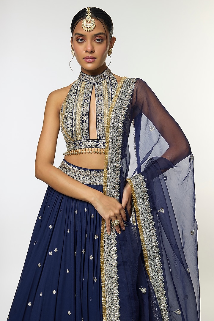 Blue Georgette Motif Embellished Wedding Lehenga Set by GOPI VAID at Pernia's Pop Up Shop