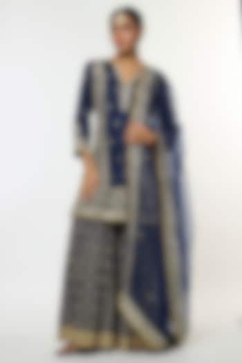 Blue Tussar Embroidered Wedding Sharara Set by GOPI VAID at Pernia's Pop Up Shop