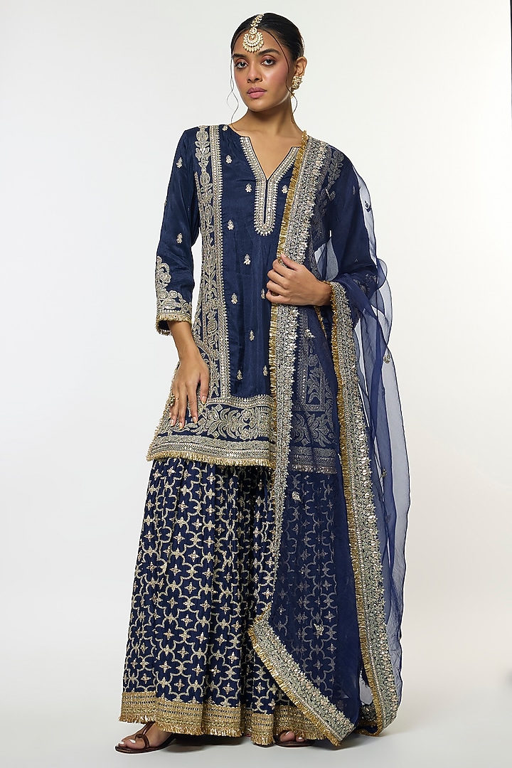 Blue Tussar Embroidered Wedding Sharara Set by GOPI VAID at Pernia's Pop Up Shop