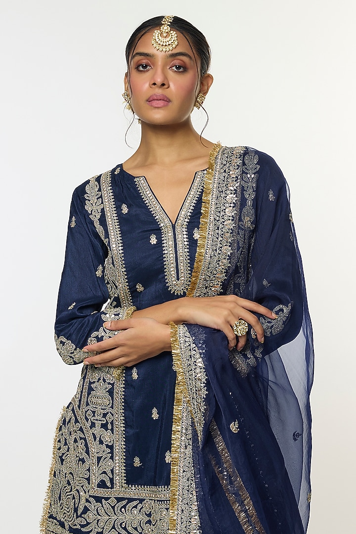 Blue Tussar Embroidered Wedding Sharara Set by GOPI VAID at Pernia's Pop Up Shop