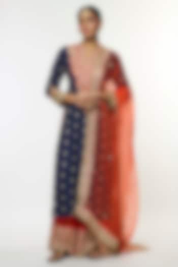 Blue Tussar Embroidered Straight Kurta Set by GOPI VAID at Pernia's Pop Up Shop