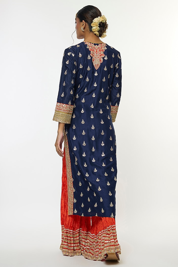 Blue Tussar Embroidered Straight Kurta Set by GOPI VAID at Pernia's Pop Up Shop