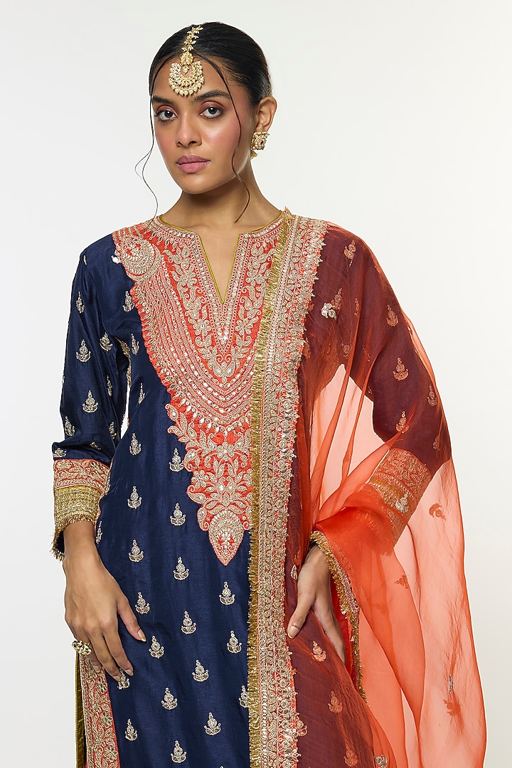 Blue Tussar Embroidered Straight Kurta Set by GOPI VAID at Pernia's Pop Up Shop