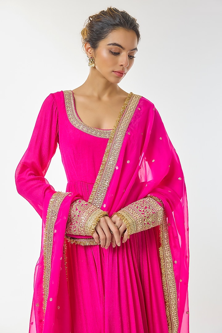 Rani Pink Chiffon Embroidered Wedding Anarkali Set by GOPI VAID at Pernia's Pop Up Shop
