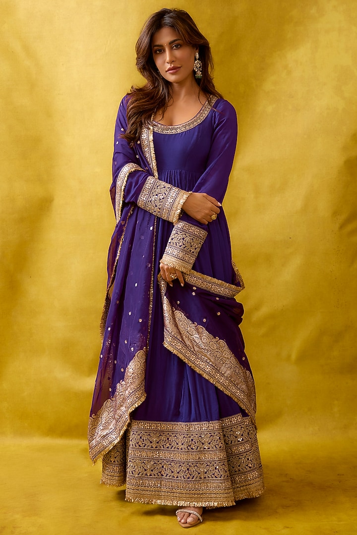 Purple Chiffon Embroidered Wedding Anarkali Set by GOPI VAID at Pernia's Pop Up Shop
