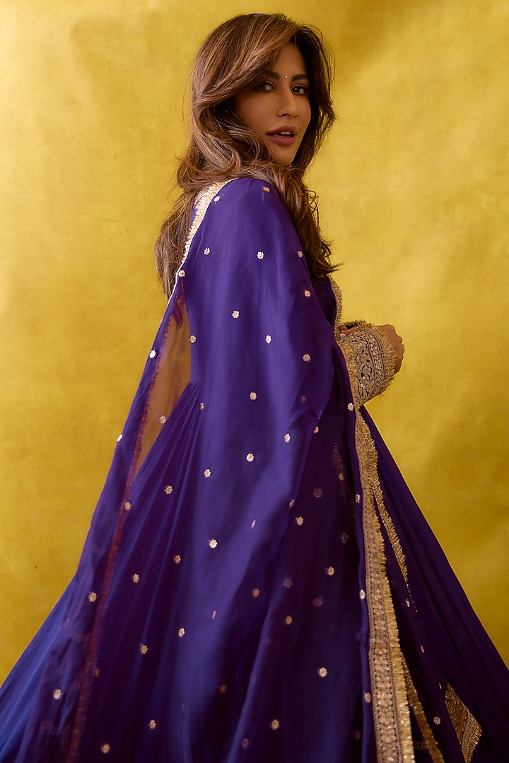 Purple Chiffon Embroidered Wedding Anarkali Set by GOPI VAID at Pernia's Pop Up Shop