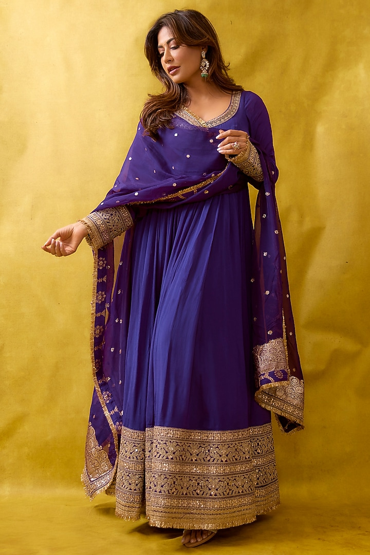 Purple Chiffon Embroidered Wedding Anarkali Set by GOPI VAID at Pernia's Pop Up Shop