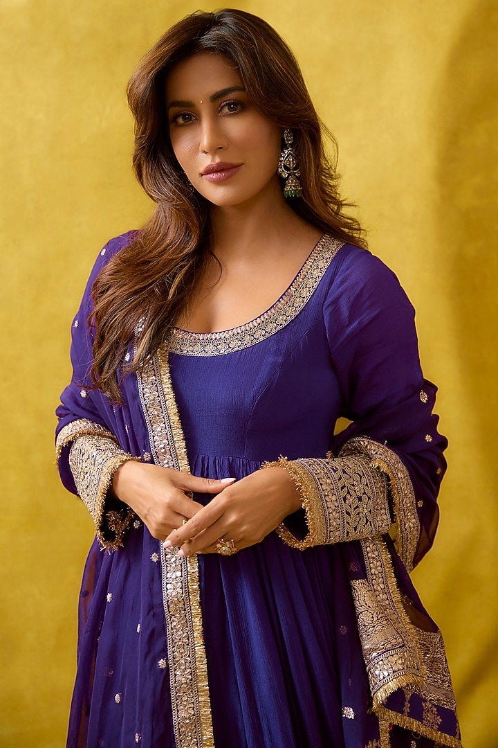 Purple Chiffon Embroidered Wedding Anarkali Set by GOPI VAID at Pernia's Pop Up Shop