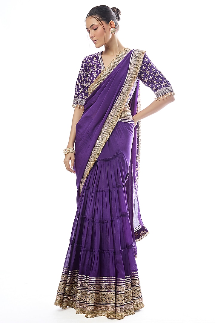 Purple Chiffon Zari Work Wedding Saree Set by GOPI VAID at Pernia's Pop Up Shop