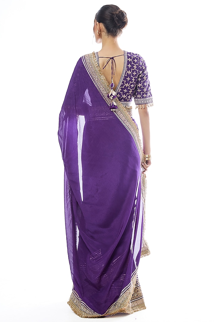 Purple Chiffon Zari Work Wedding Saree Set by GOPI VAID at Pernia's Pop Up Shop