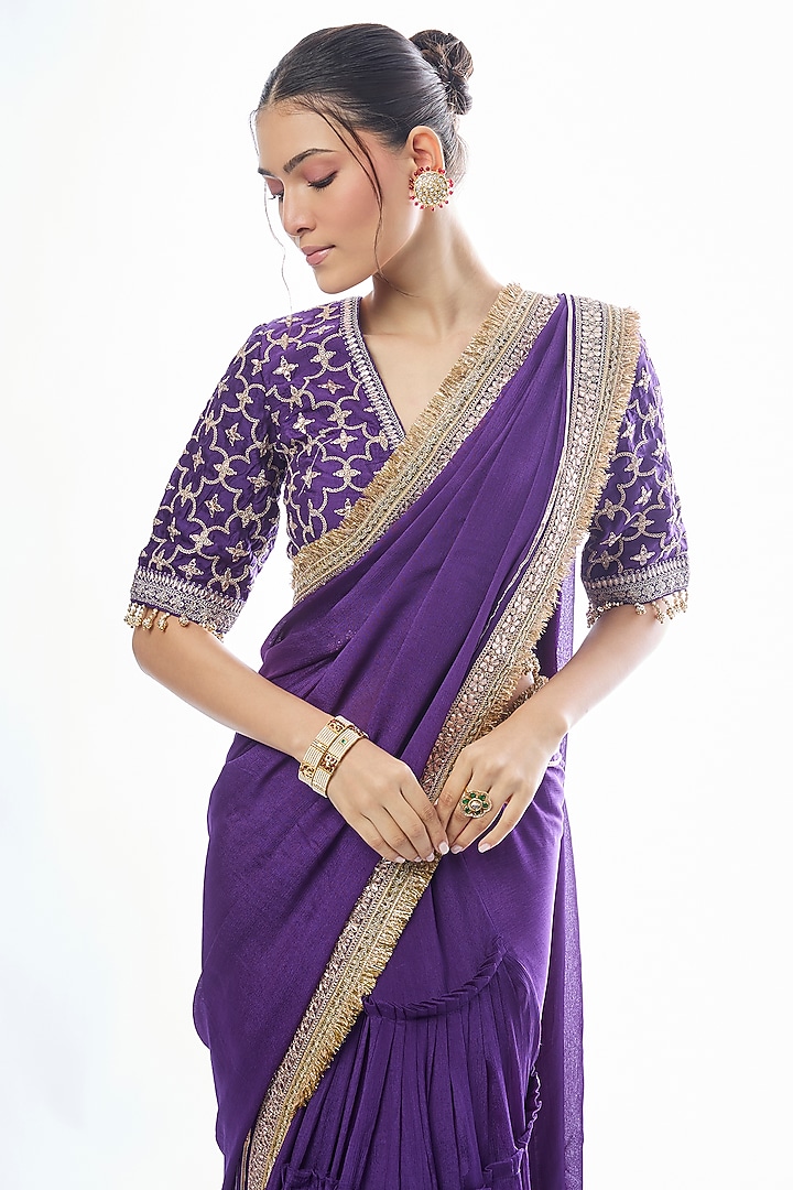 Purple Chiffon Zari Work Wedding Saree Set by GOPI VAID at Pernia's Pop Up Shop