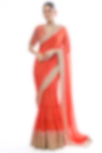 Orange Chiffon Zari Work Wedding Saree Set by GOPI VAID at Pernia's Pop Up Shop