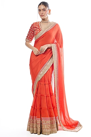 Orange Chiffon Zari Work Saree Set by GOPI VAID