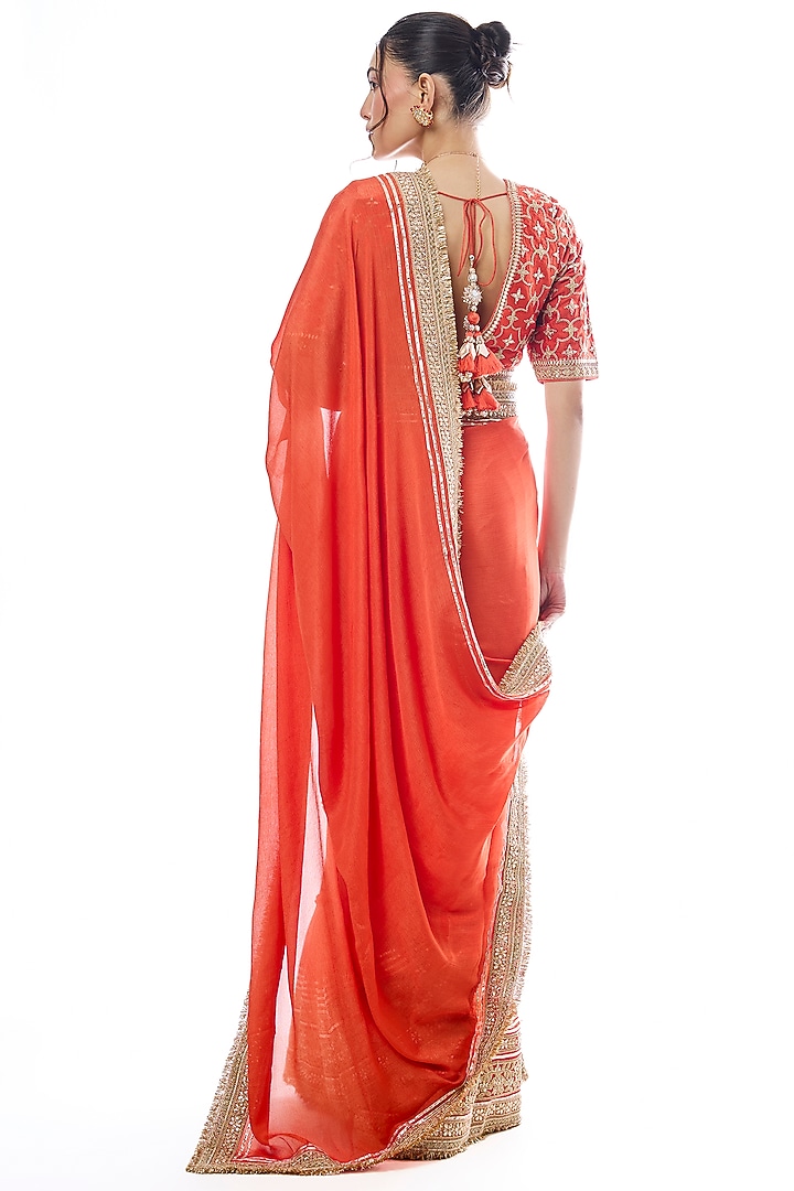 Orange Chiffon Zari Work Wedding Saree Set by GOPI VAID at Pernia's Pop Up Shop