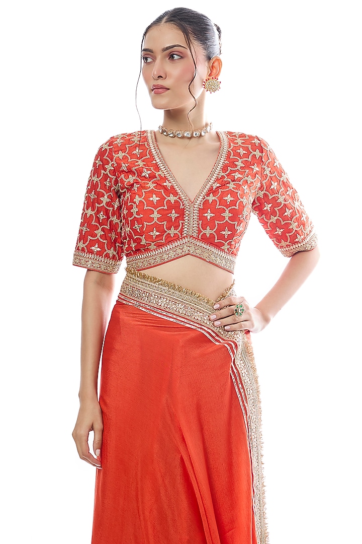 Orange Chiffon Zari Work Wedding Saree Set by GOPI VAID at Pernia's Pop Up Shop