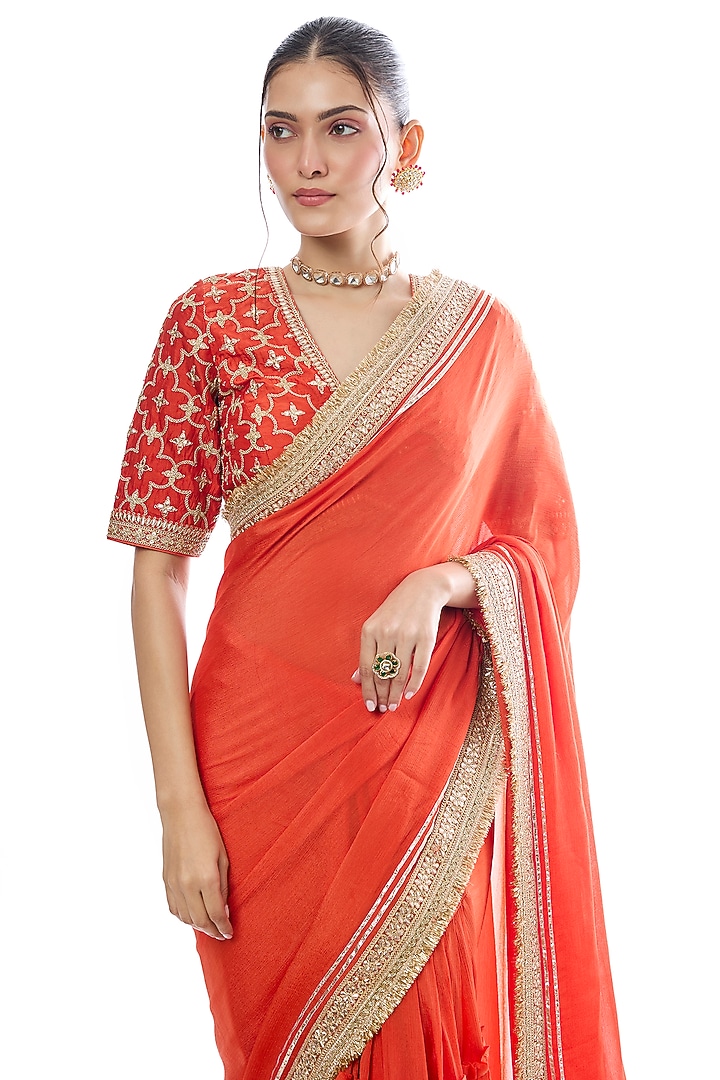 Orange Chiffon Zari Work Wedding Saree Set by GOPI VAID at Pernia's Pop Up Shop
