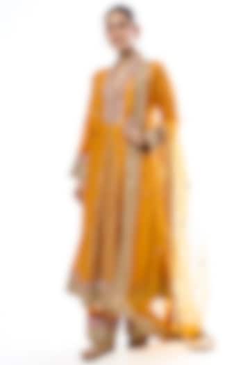Yellow Tussar Embellished Wedding Anarkali Set by GOPI VAID at Pernia's Pop Up Shop