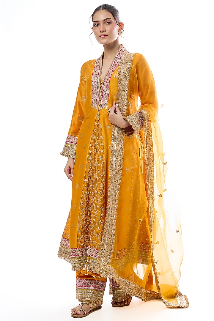 Yellow Tussar Embellished Wedding Anarkali Set by GOPI VAID at Pernia's Pop Up Shop