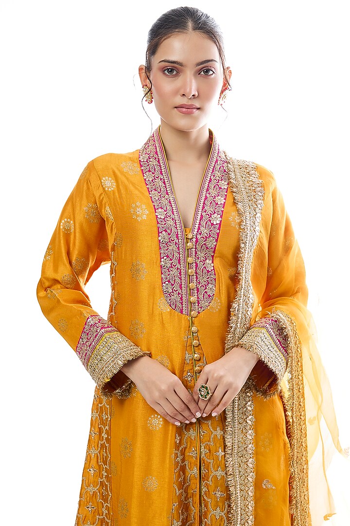 Yellow Tussar Embellished Wedding Anarkali Set by GOPI VAID at Pernia's Pop Up Shop