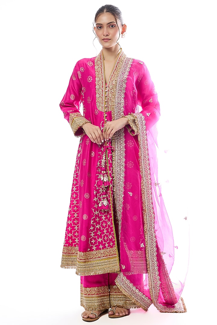 Pink Tussar Embellished Wedding Anarkali Set by GOPI VAID at Pernia's Pop Up Shop