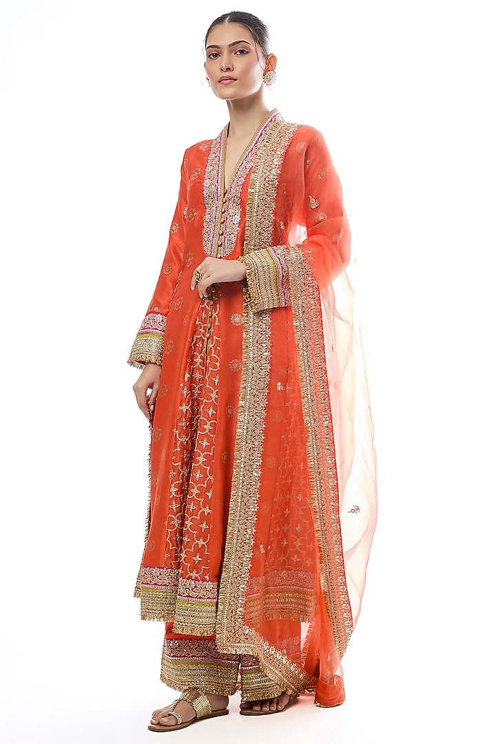 Orange Tussar Embellished Wedding Anarkali Set by GOPI VAID at Pernia's Pop Up Shop