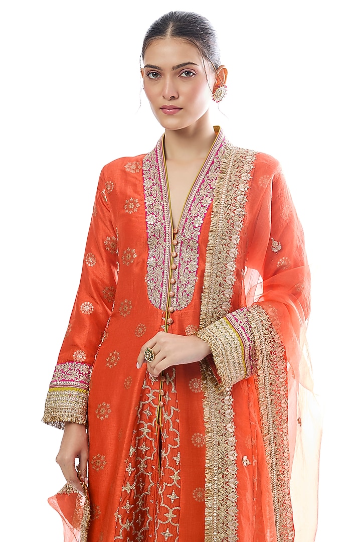 Orange Tussar Embellished Wedding Anarkali Set by GOPI VAID at Pernia's Pop Up Shop
