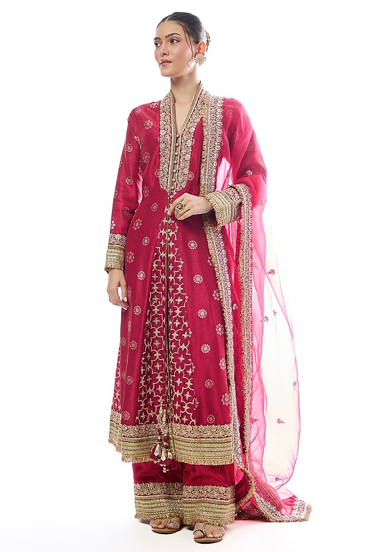 Red Tussar Embellished Wedding Anarkali Set by GOPI VAID at Pernia's Pop Up Shop