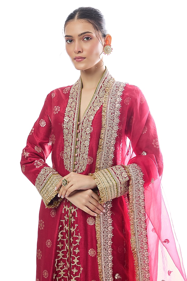 Red Tussar Embellished Wedding Anarkali Set by GOPI VAID at Pernia's Pop Up Shop