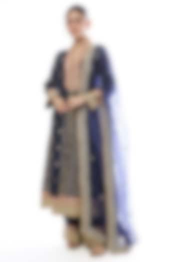 Navy Blue Tussar Embellished Wedding Anarkali Set by GOPI VAID at Pernia's Pop Up Shop