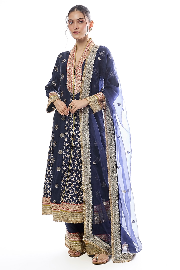 Navy Blue Tussar Embellished Wedding Anarkali Set by GOPI VAID at Pernia's Pop Up Shop