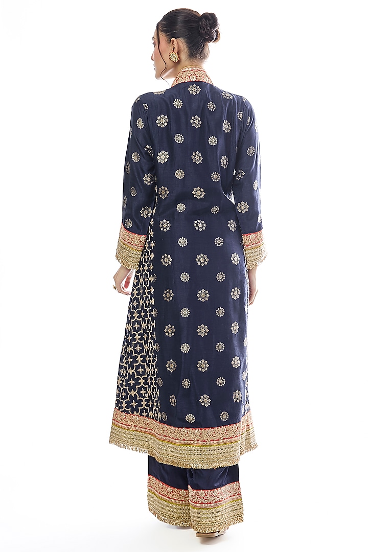 Navy Blue Tussar Embellished Wedding Anarkali Set by GOPI VAID at Pernia's Pop Up Shop