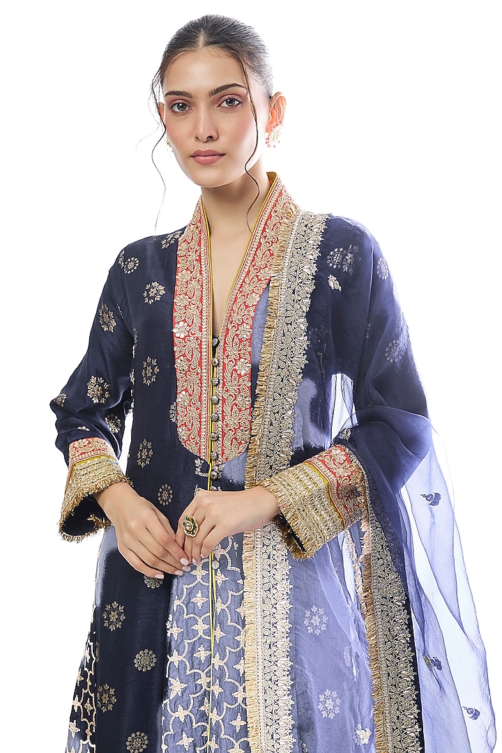 Navy Blue Tussar Embellished Wedding Anarkali Set by GOPI VAID at Pernia's Pop Up Shop