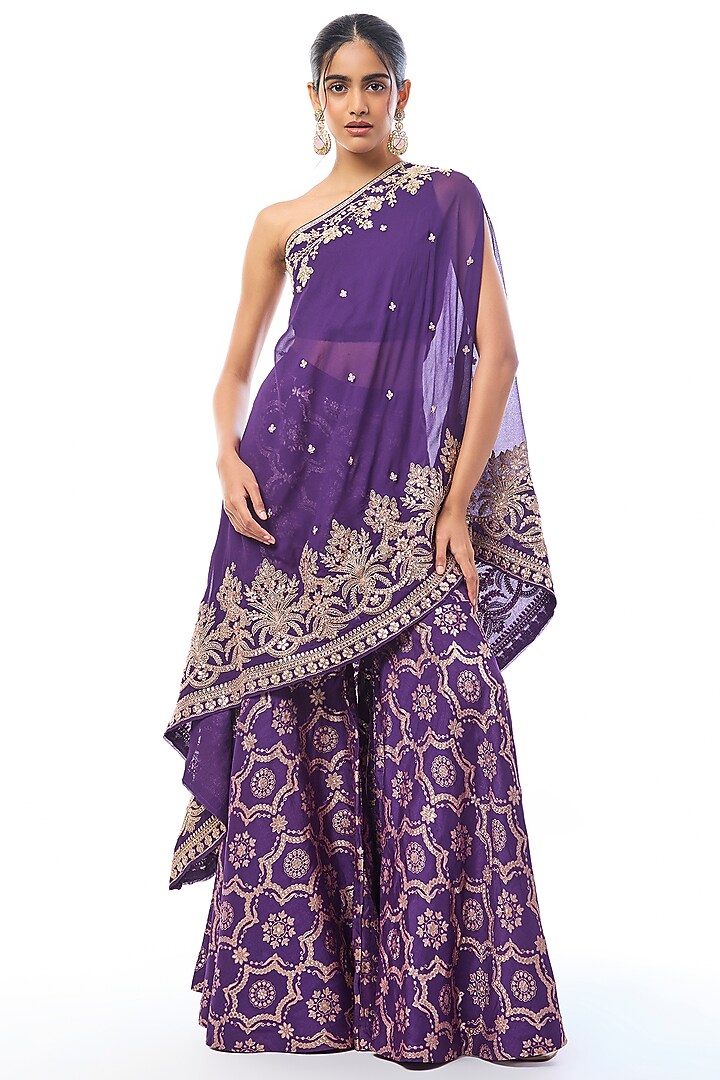 Purple Tussar Embroidered Wedding Sharara Set by GOPI VAID at Pernia's Pop Up Shop