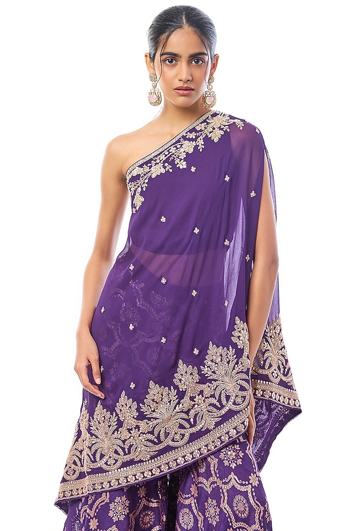 Purple Tussar Embroidered Wedding Sharara Set by GOPI VAID at Pernia's Pop Up Shop