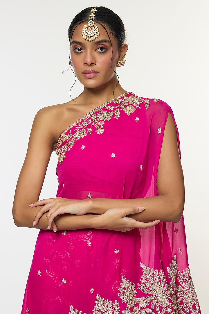 Pink Georgette Embroidered One-Shoulder Kurta Set by GOPI VAID at Pernia's Pop Up Shop