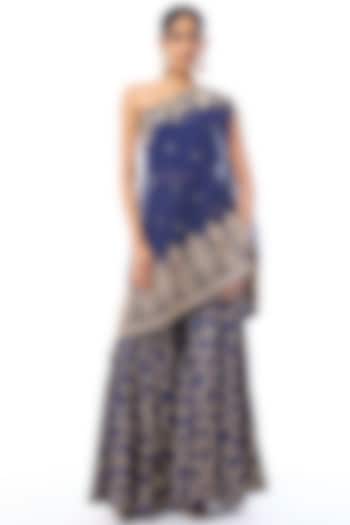 Blue Tussar Embroidered Wedding Sharara Set by GOPI VAID at Pernia's Pop Up Shop