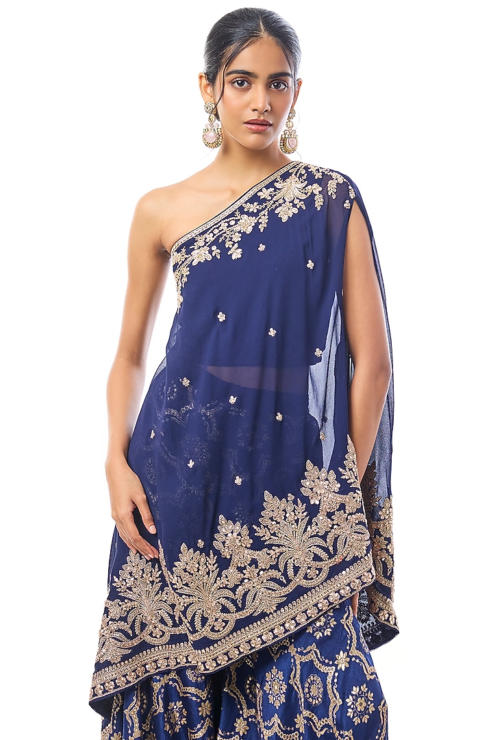 Blue Tussar Embroidered Wedding Sharara Set by GOPI VAID at Pernia's Pop Up Shop