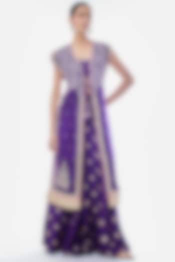 Purple Tussar Embroidered Jacket-Style Kurta Set by GOPI VAID at Pernia's Pop Up Shop