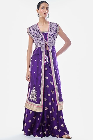 Purple Tussar Embroidered Jacket-Style Kurta Set by GOPI VAID