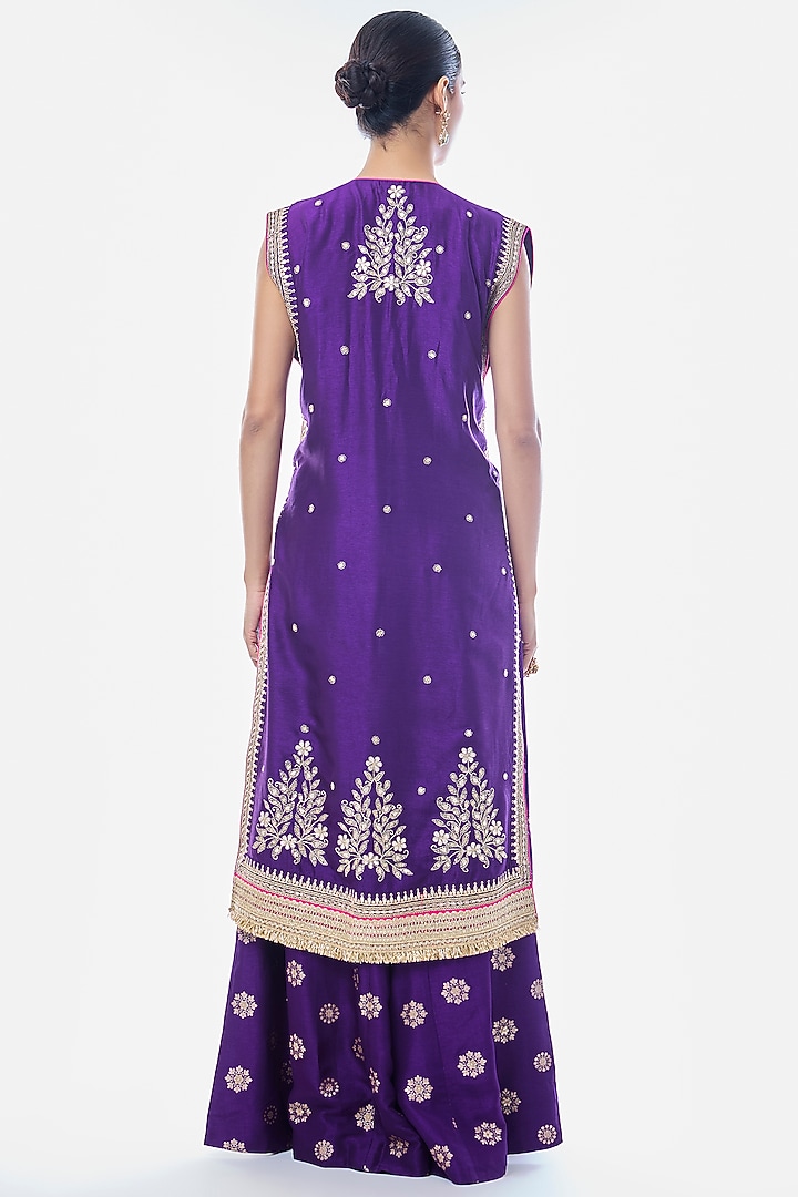 Purple Tussar Embroidered Jacket-Style Kurta Set by GOPI VAID at Pernia's Pop Up Shop
