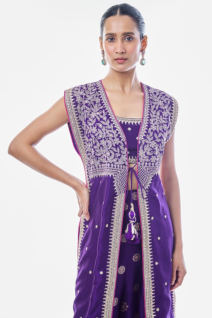 Purple Tussar Embroidered Jacket-Style Kurta Set by GOPI VAID at Pernia's Pop Up Shop