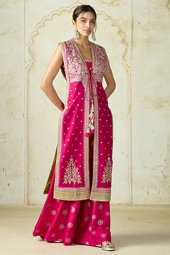 Rani Pink Tussar Embroidered Jacket-Style Kurta Set by GOPI VAID at Pernia's Pop Up Shop