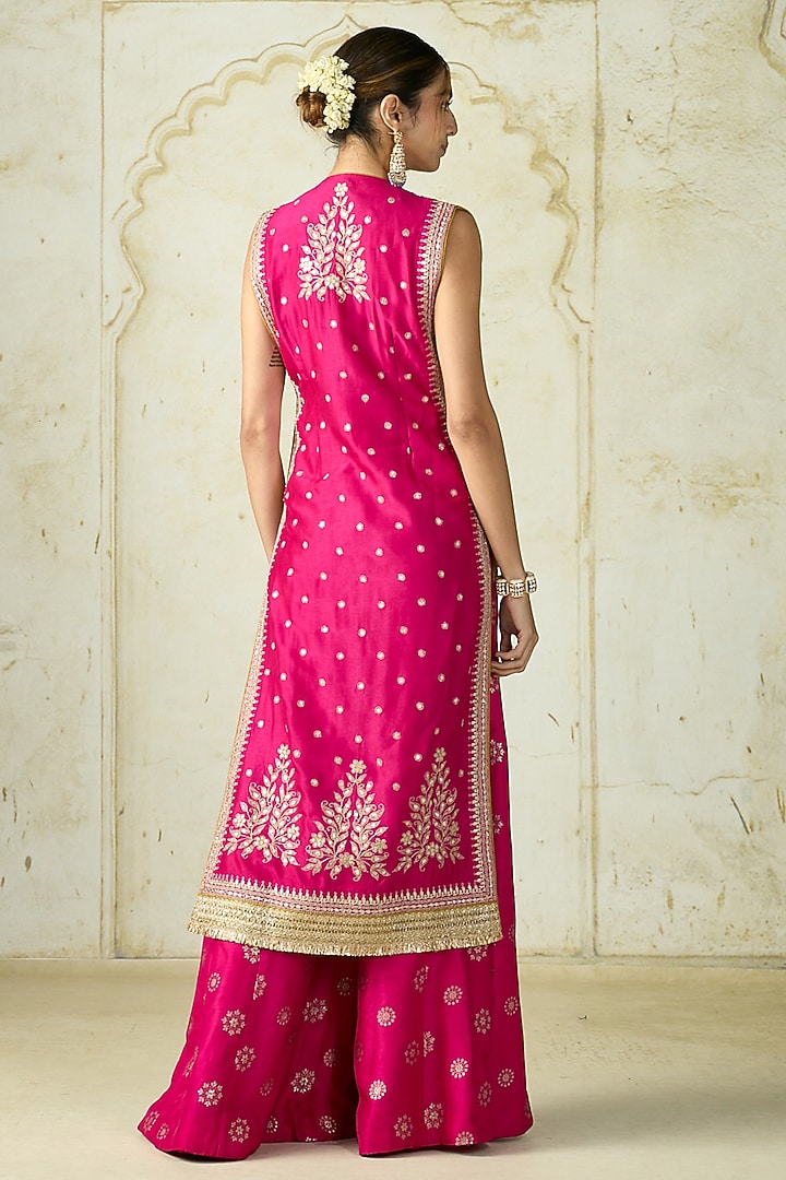 Rani Pink Tussar Embroidered Jacket-Style Kurta Set by GOPI VAID at Pernia's Pop Up Shop